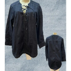 Denim 24/7 12W Denim Tie Lace-Up Neckline Seam Detail Curved Hem Long Sleeve Top